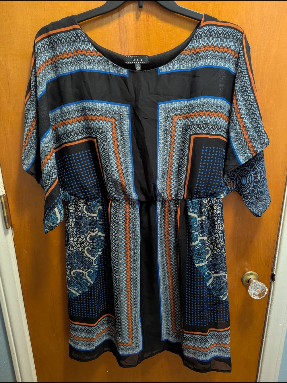 Lux Black Mini Dress with Blue and Orange Geometric Print